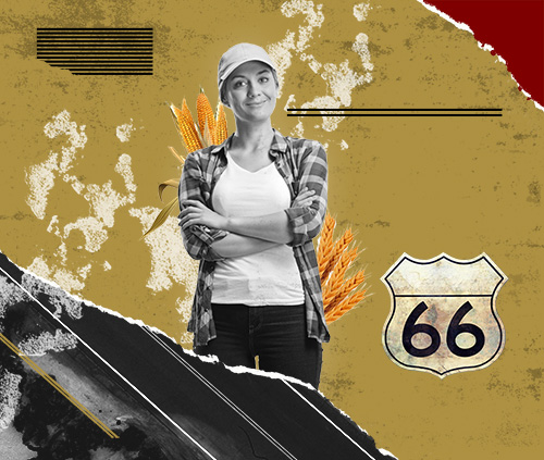 Smiling student surrounded by wheat and roads