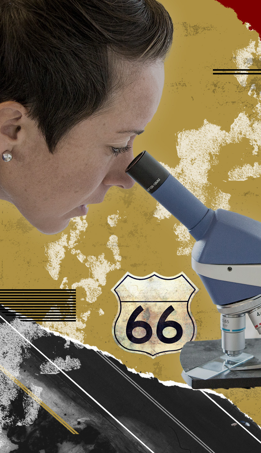 Woman inspects a glass slide using a microscope